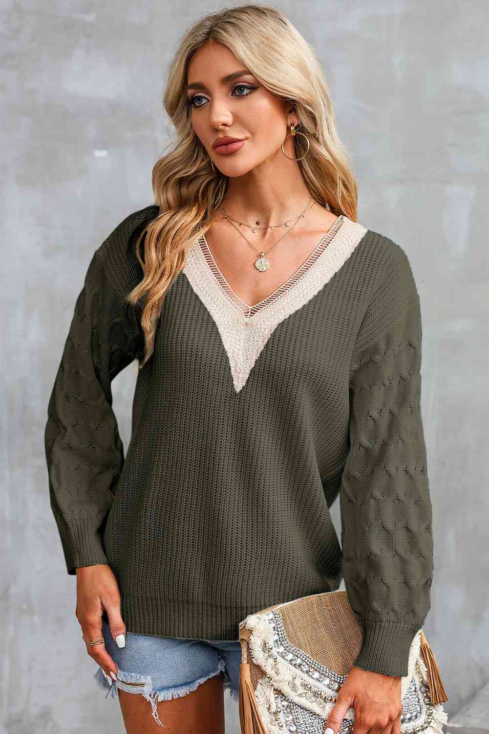 KnittedEmporium Full Size Contrast V-Neck Sweater