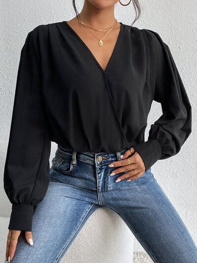 Women's Isla Black Surplice Ruched Long Sleeve Bodysuit