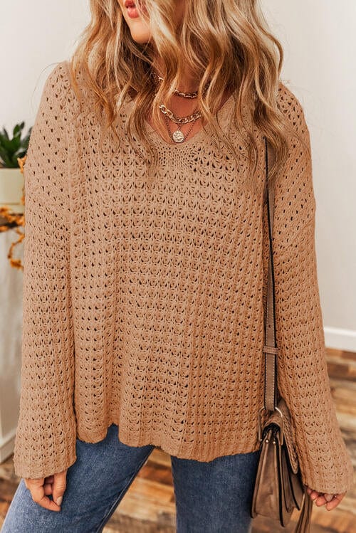 LoversLane Openwork Round Neck Long Sleeve Sweater