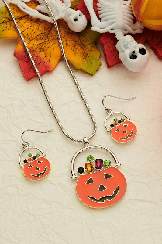 Halloween Pumpkin Themed Dangle Earrings and Necklace Set