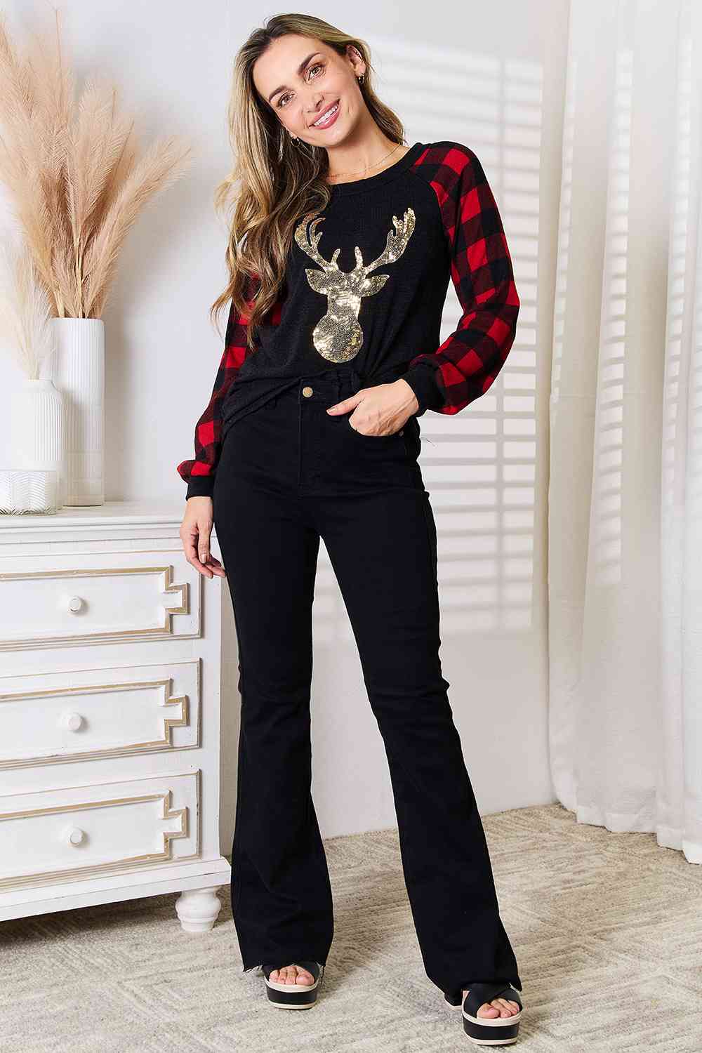 Heimish Full Size Sequin Christmas Reindeer Graphic Plaid Top
