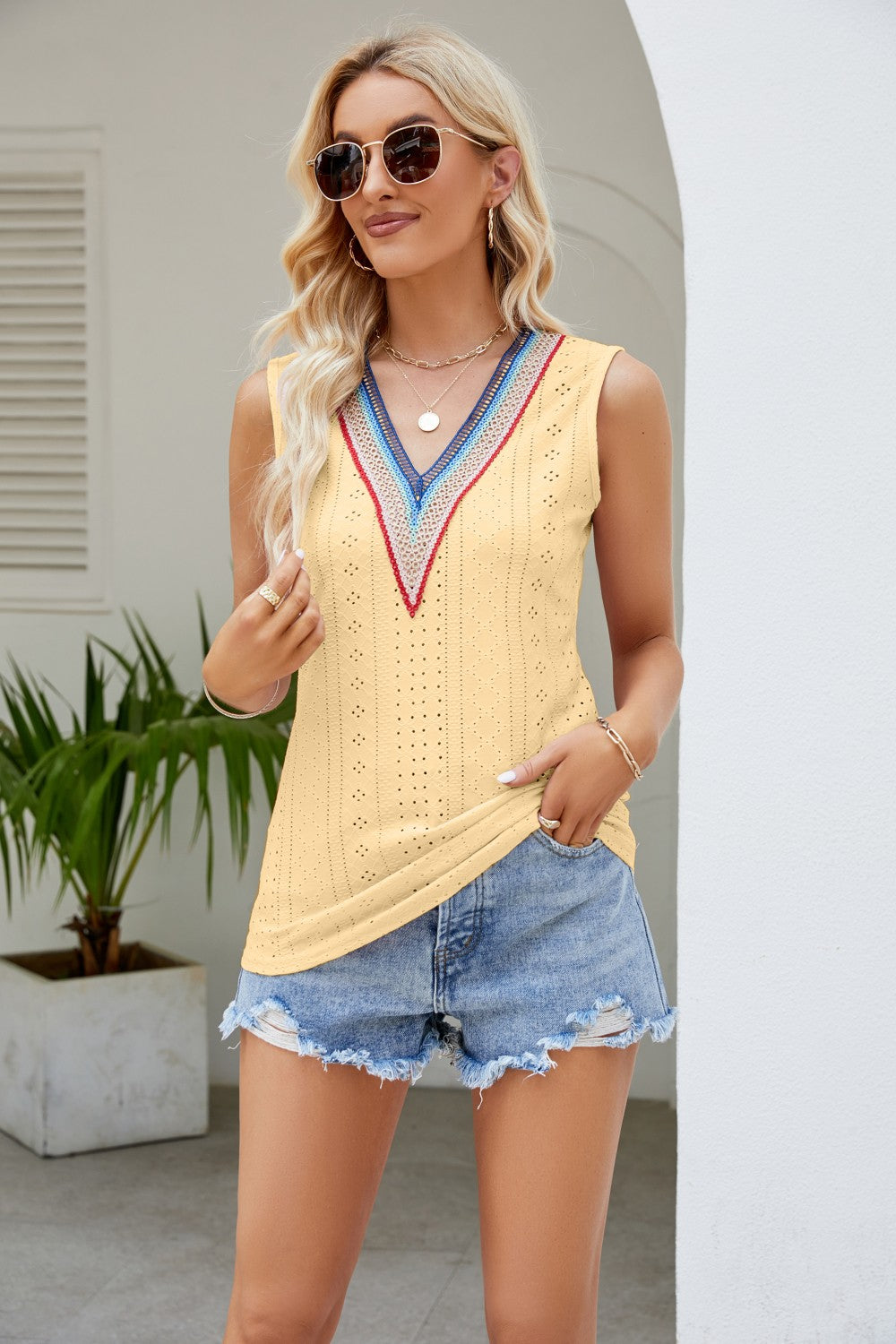 Contrast Full Size V-Neck Eyelet Tank