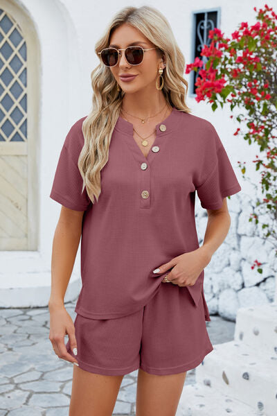 Adryane Jay Notched Button Detail Dropped Shoulder Top and Shorts Set