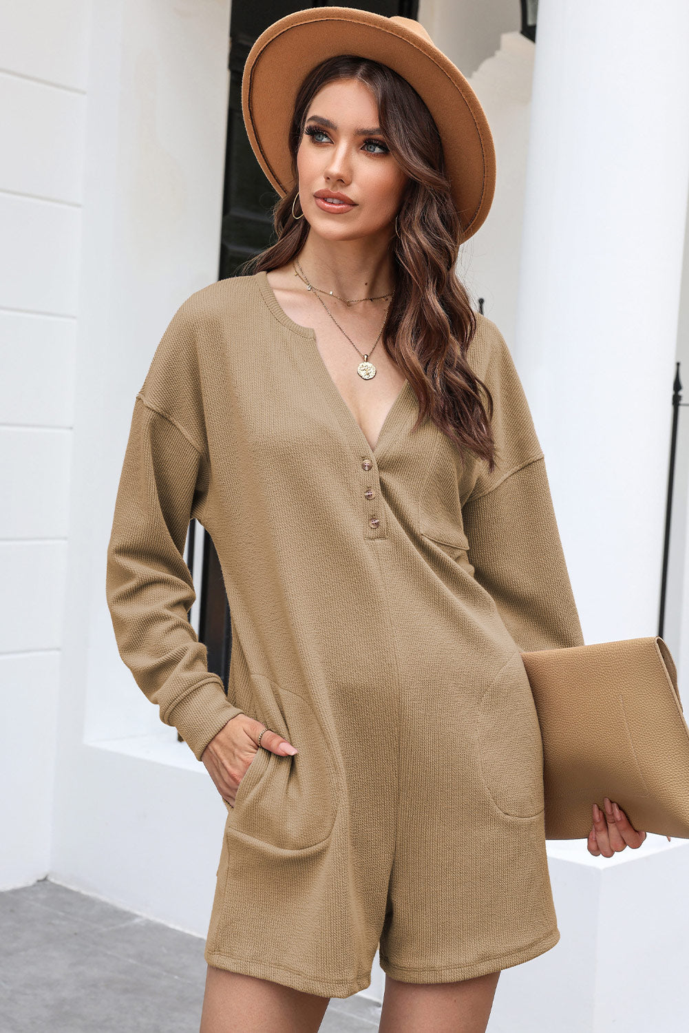 Adrienne Full Size Notched Neck Long Sleeve Romper