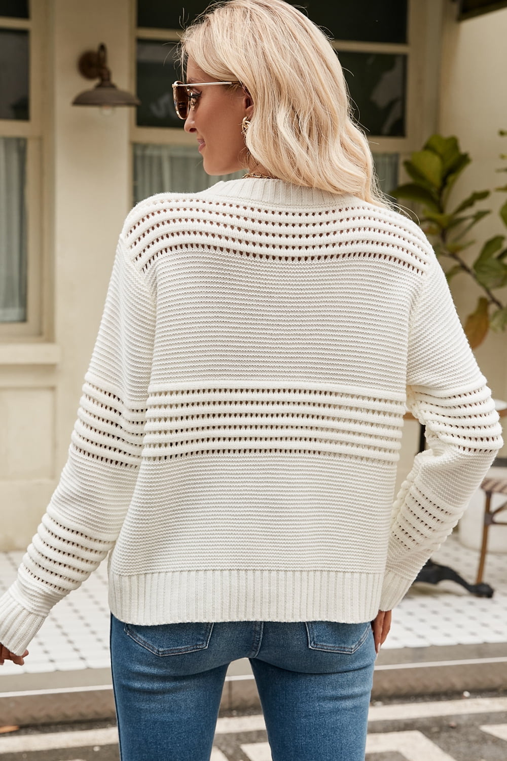 Malibu Dreams Round Neck Openwork Long Sleeve Pullover Sweater