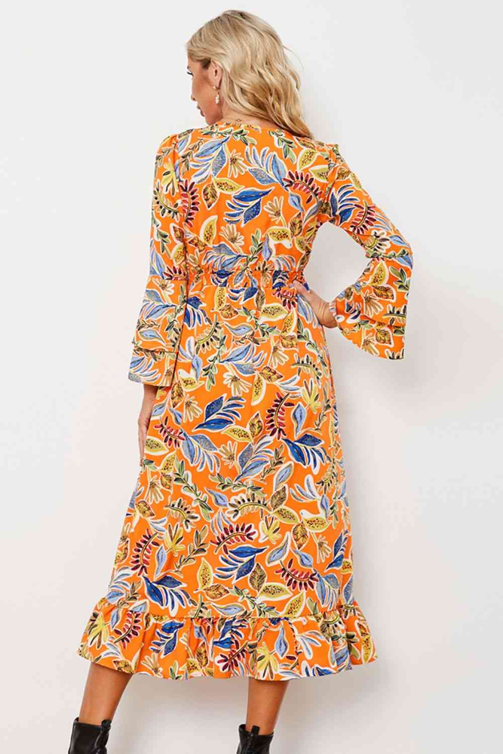 Tangerine Orange Printed Layered Flare Sleeve Split Tied Dress
