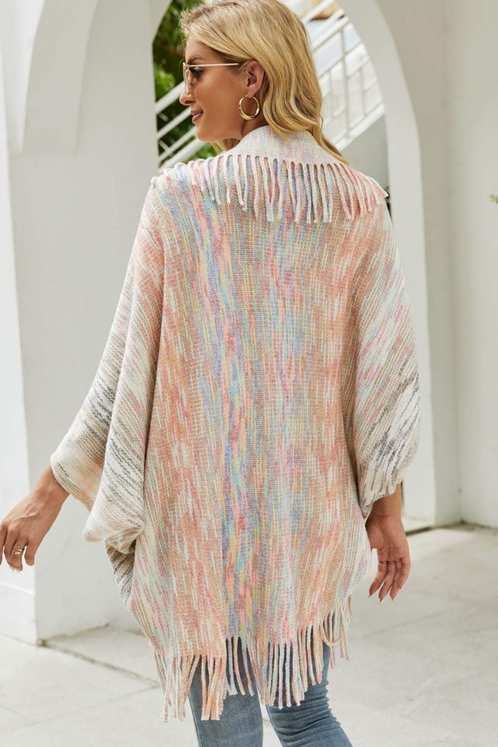 One Size Multicolored Fringe Trim Poncho