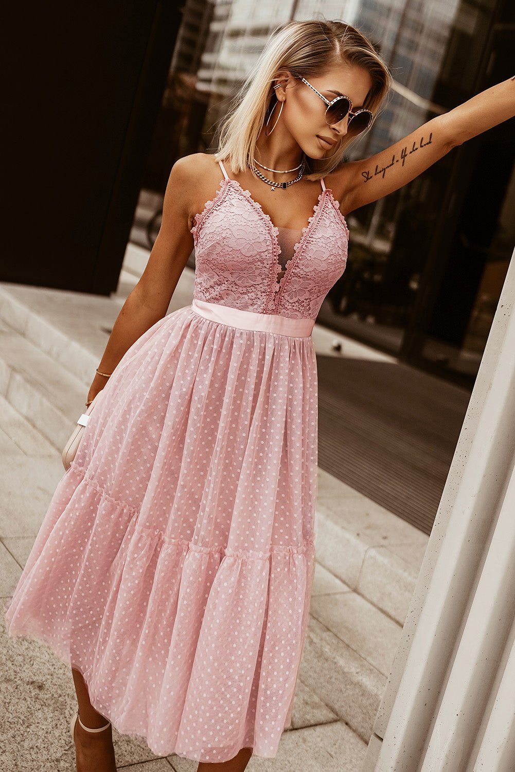 Women's Polka Dot Spliced Lace Spaghetti Strap Dress