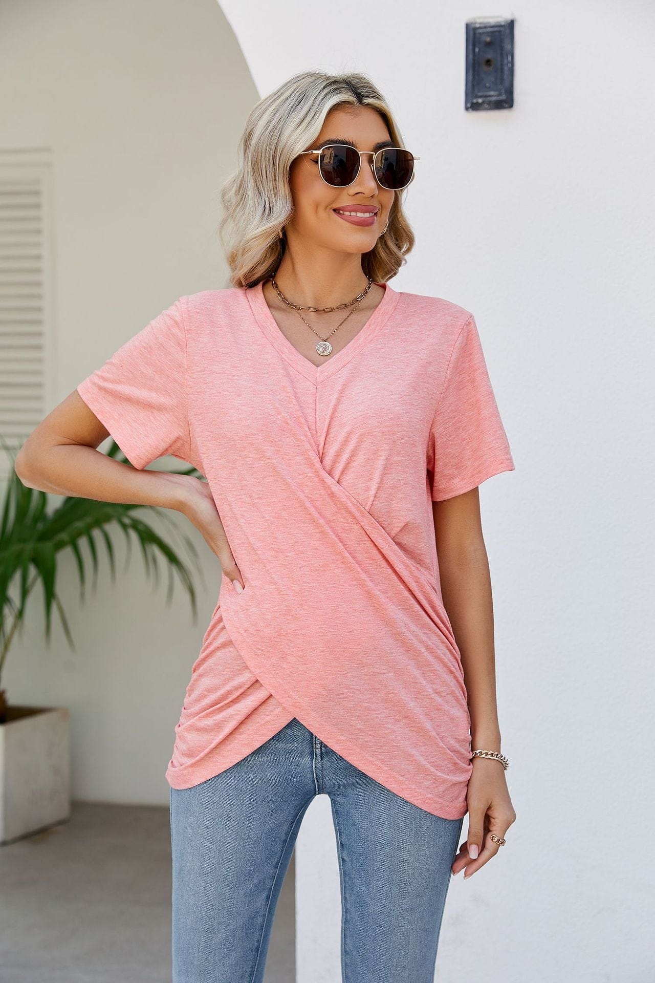 Full Size V-Neck Crisscross Short Sleeve Tee