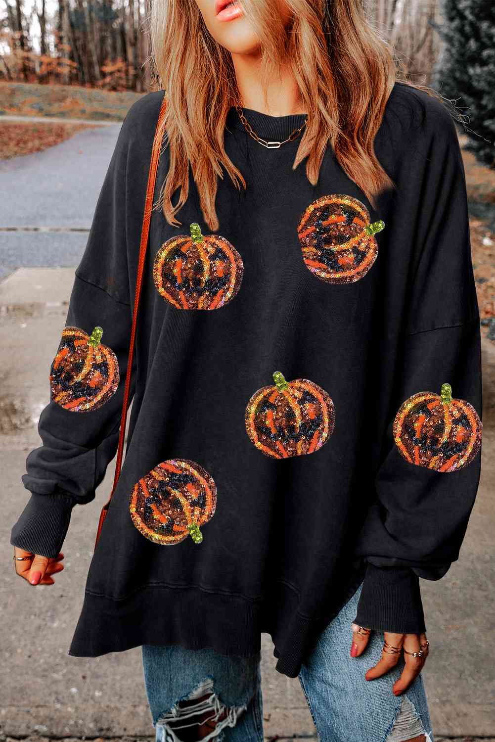 SEASONAL FALL Pumpkin Print Dropped Shoulder Black Sweatshirt