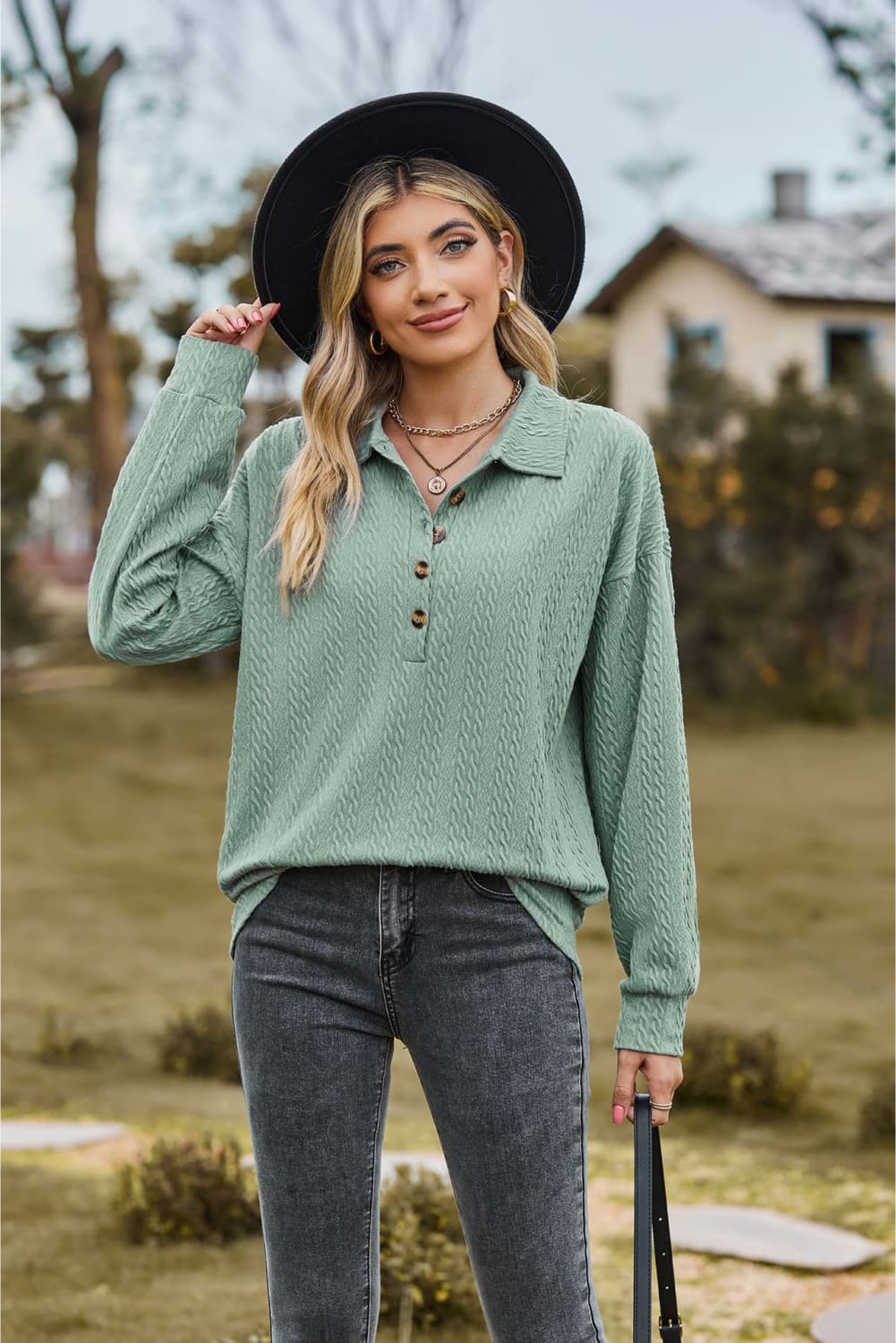 Full Size Collared Neck Long Sleeve Blouse