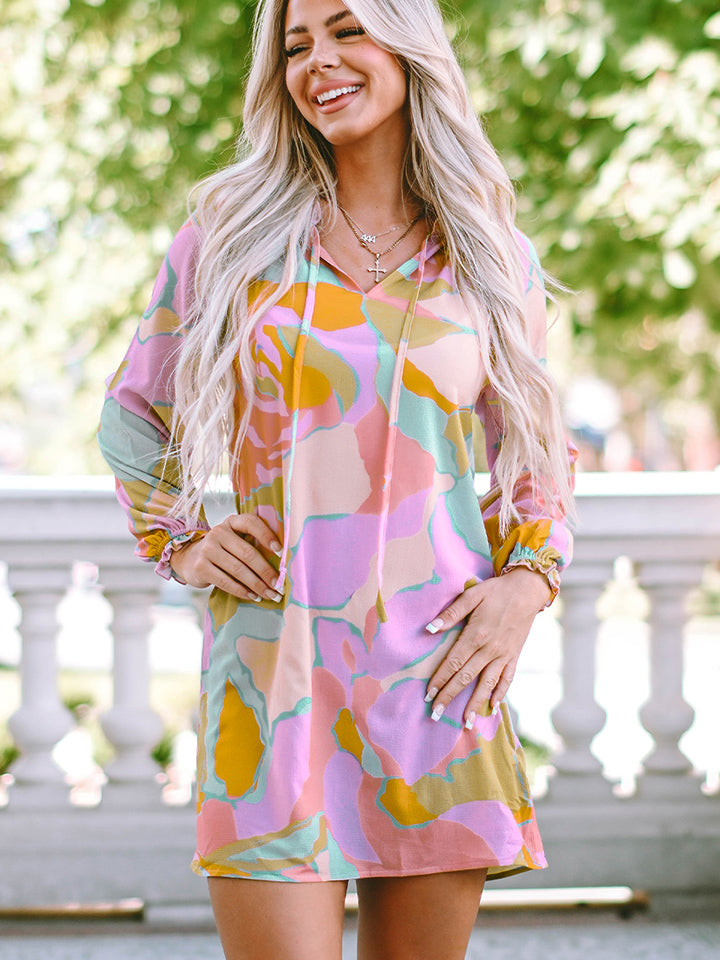 Multicolor Printed Tie Neck Long Sleeve Dress