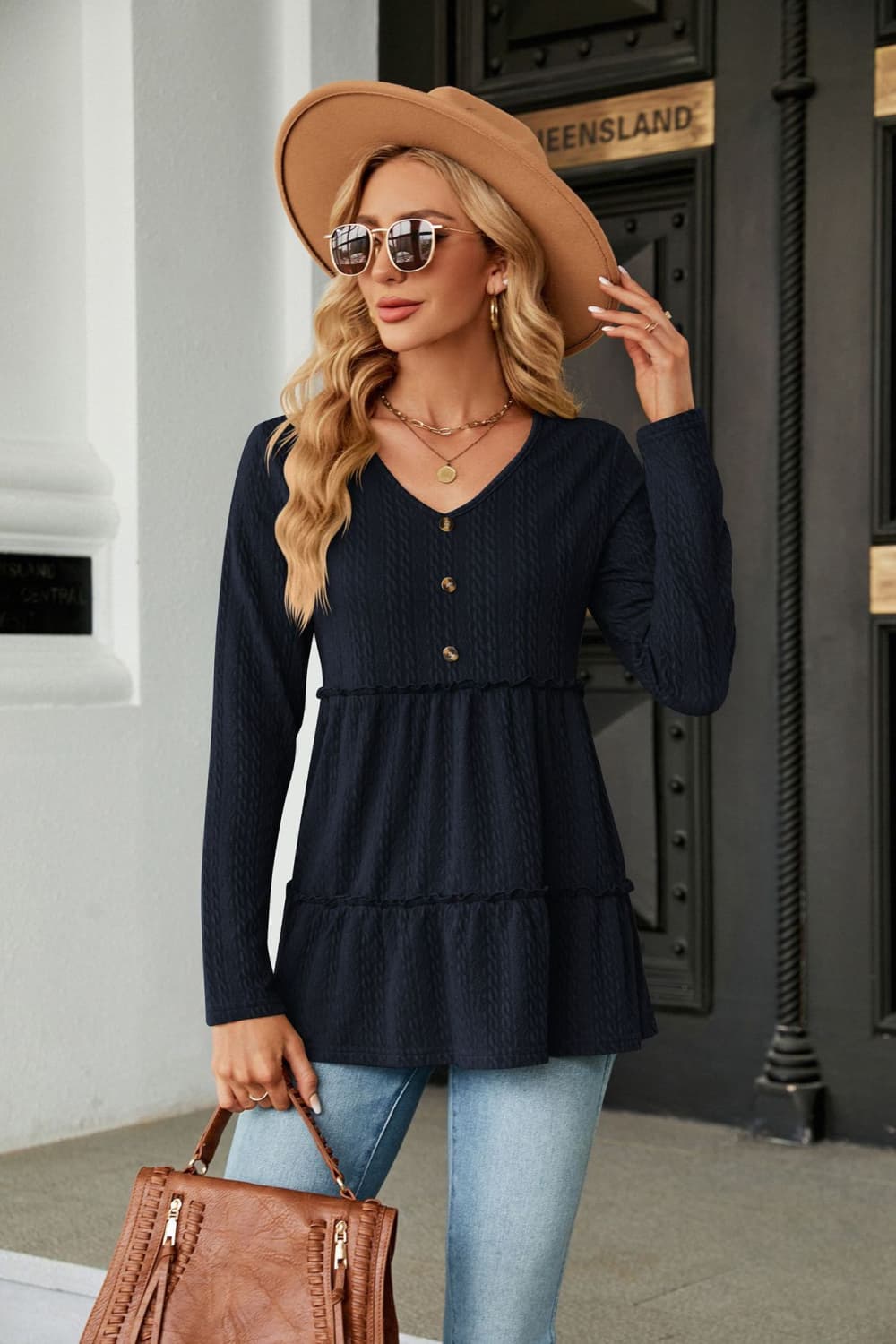 Full Size Long Sleeve V-Neck Cable-Knit Blouse