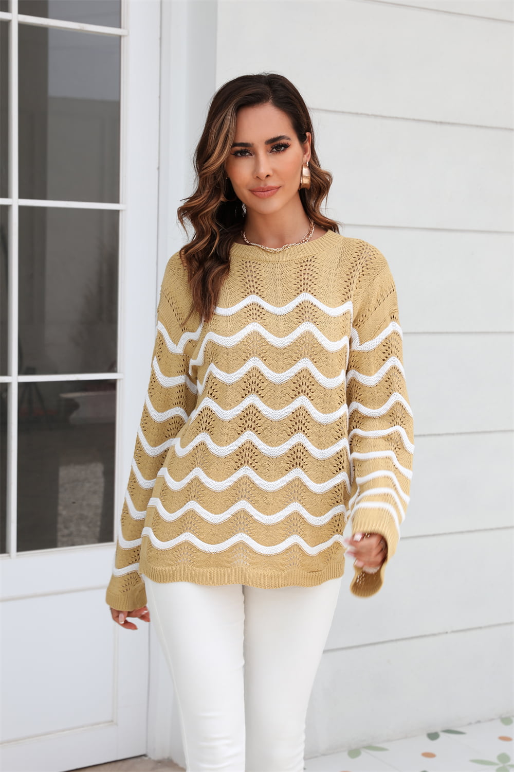 Hannah&Mea Wave Pattern Round Neck Long Sleeve Sweater