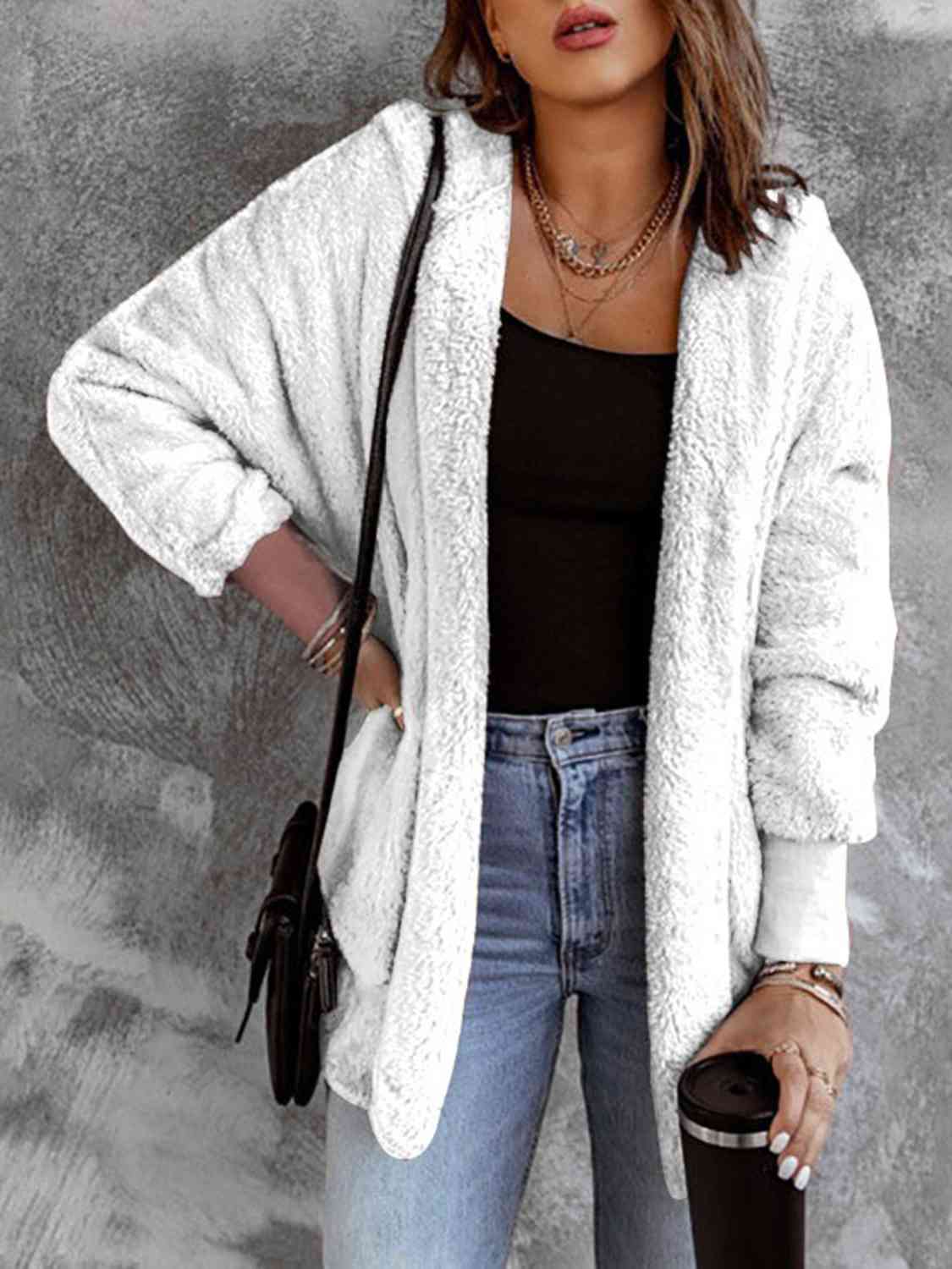 Open Front Hooded Faux Fur Outwear Jacket with Pockets