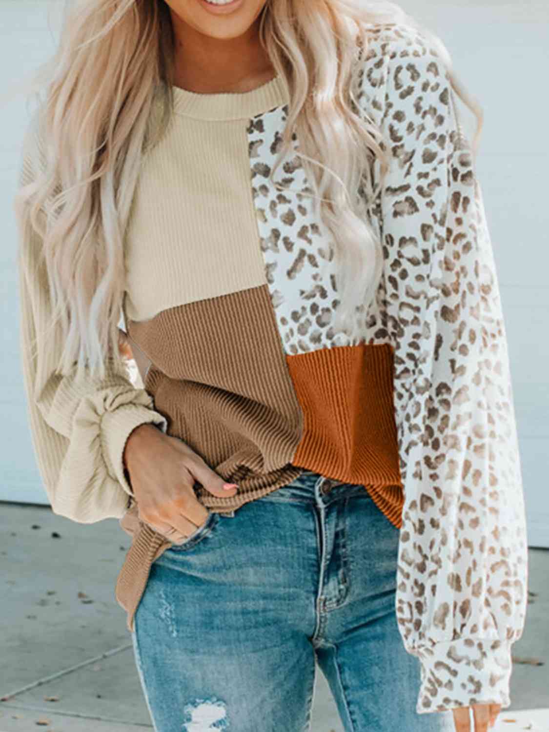 Full Size Color Block Leopard Round Neck Sweatshirt