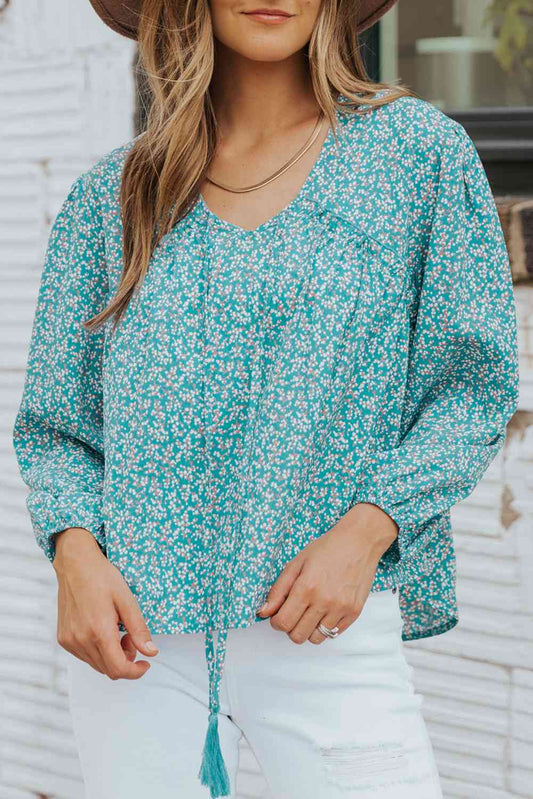 FULL SIZE Sky Blue Ditsy Floral Tassel Tie High-Low Blouse