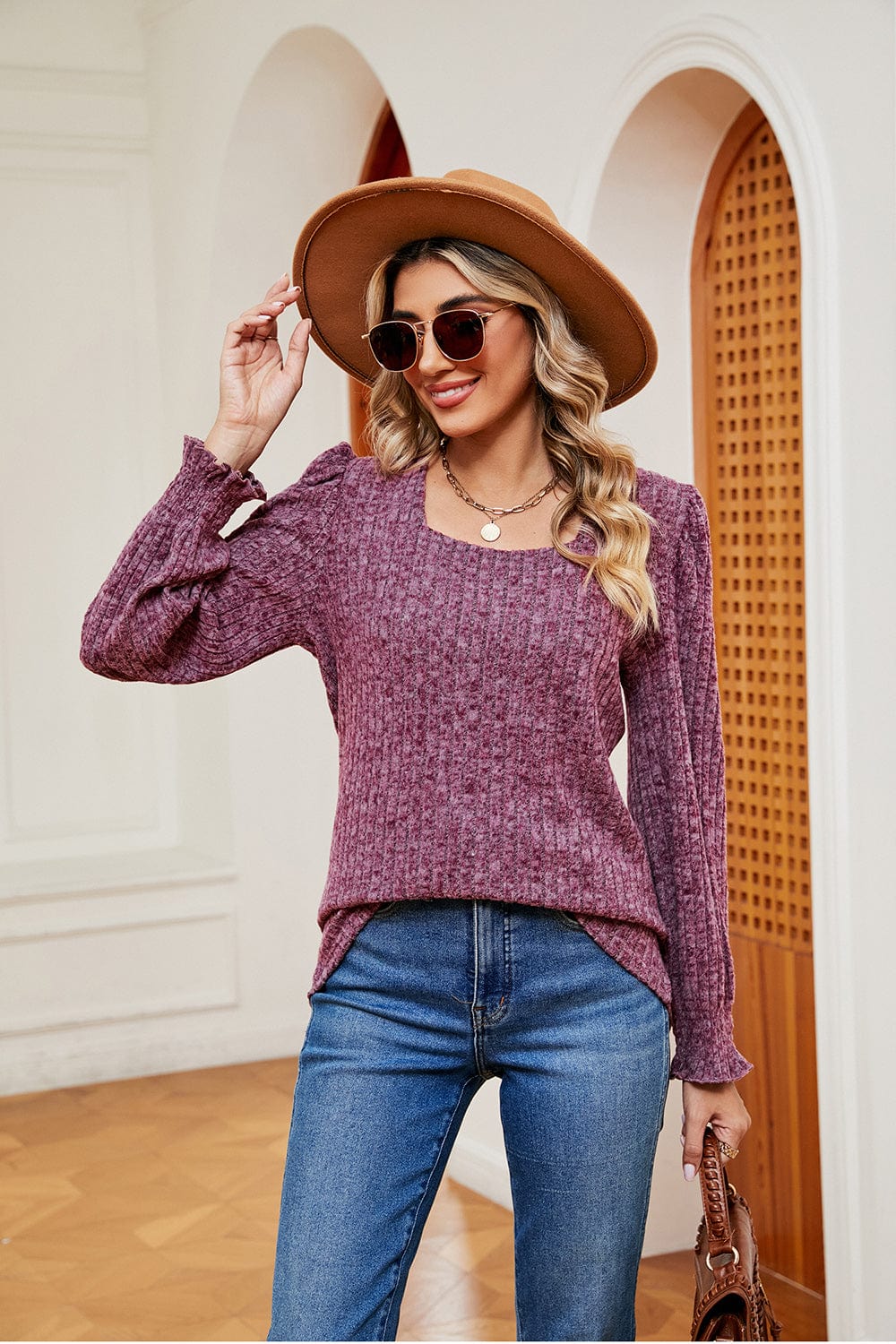 Full Size Square Neck Puff Sleeve Top