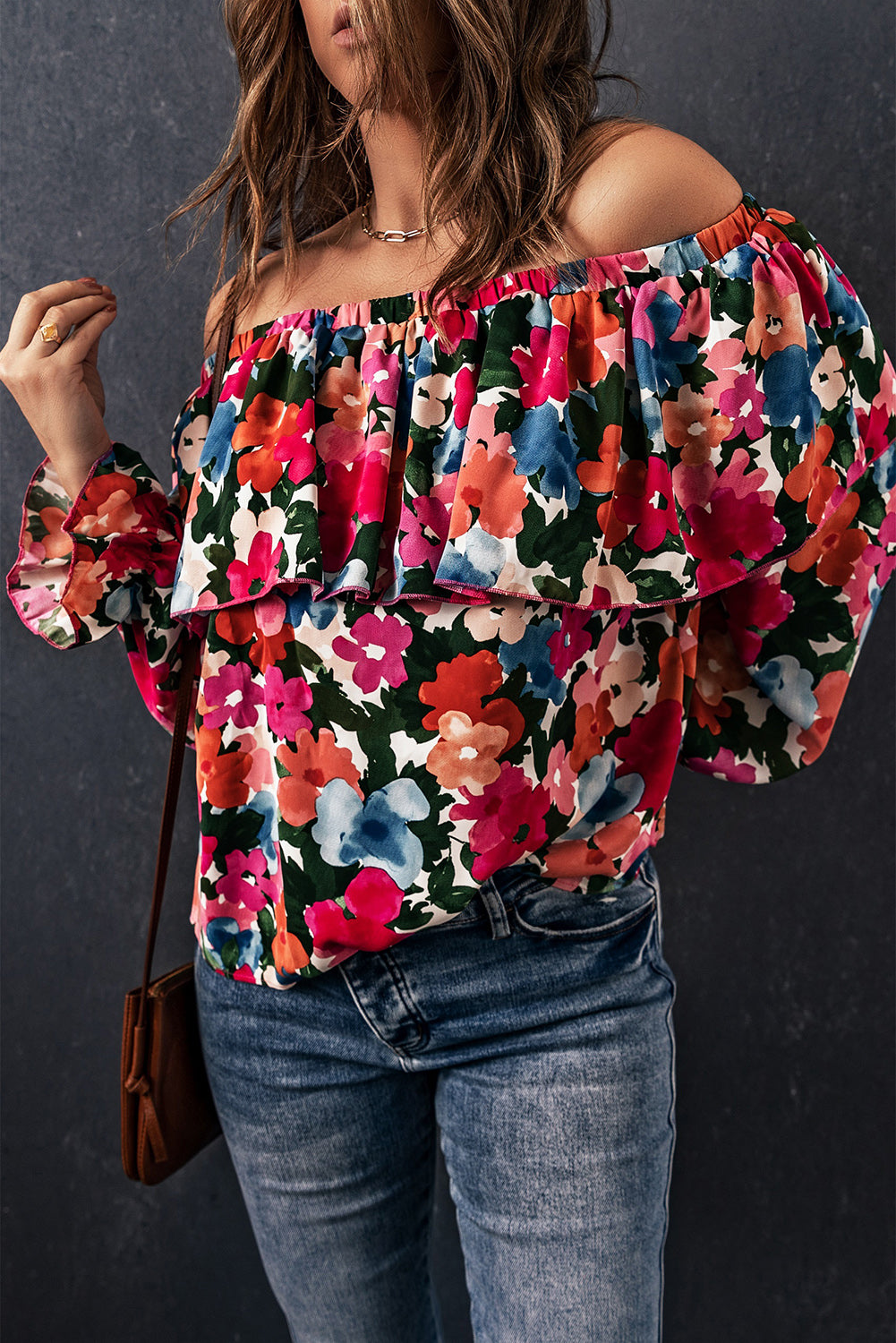 Women's Full Size Floral Off-Shoulder Flounce Sleeve Layered Blouse