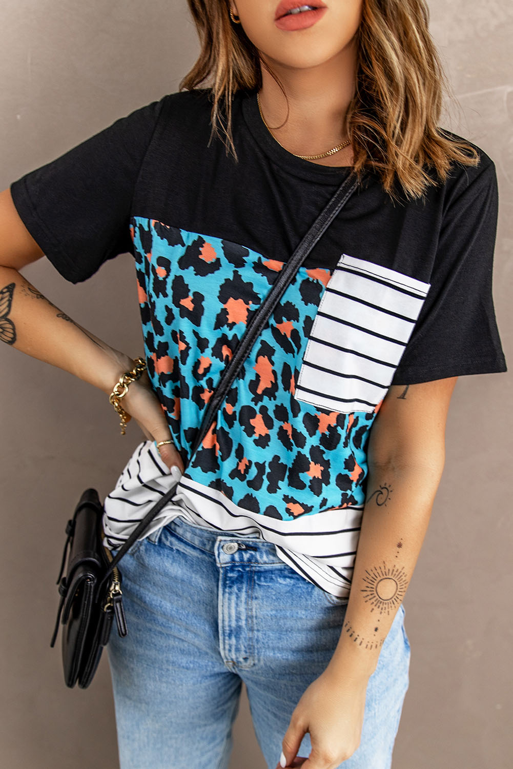 Women's Mixed Print Color Block Round Neck Tee Shirt