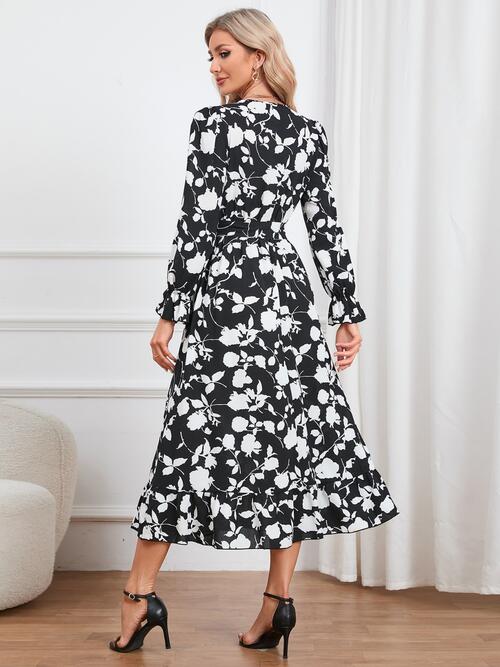 H.Y.G@E Attire Floral Surplice Flounce Sleeve Ruffle Hem Dress