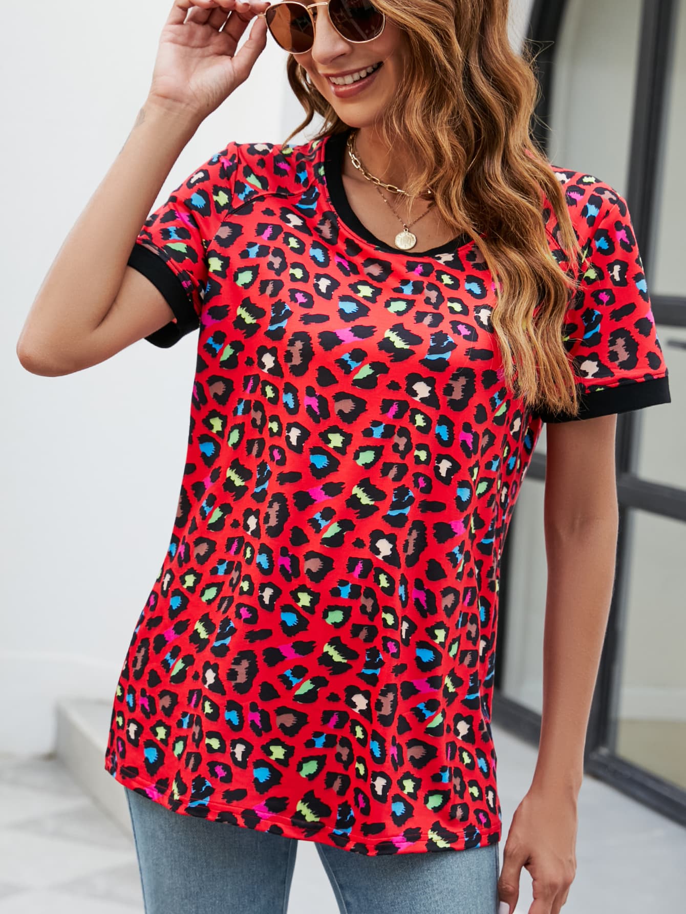 Women's Full Size Leopard Round Neck Short Sleeve Tee Shirt