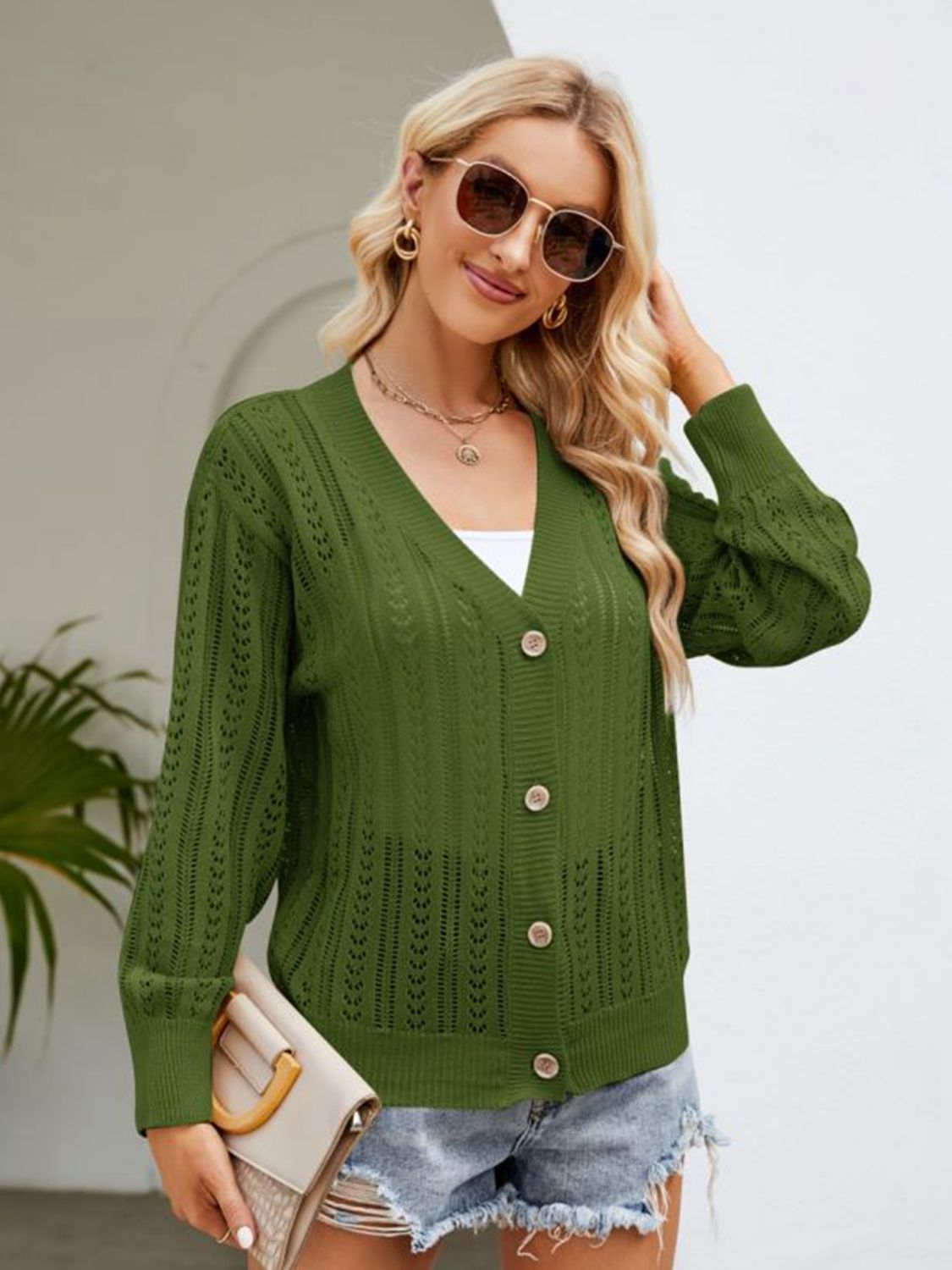 SkyMarie Button Down Ribbed Trim Cardigan