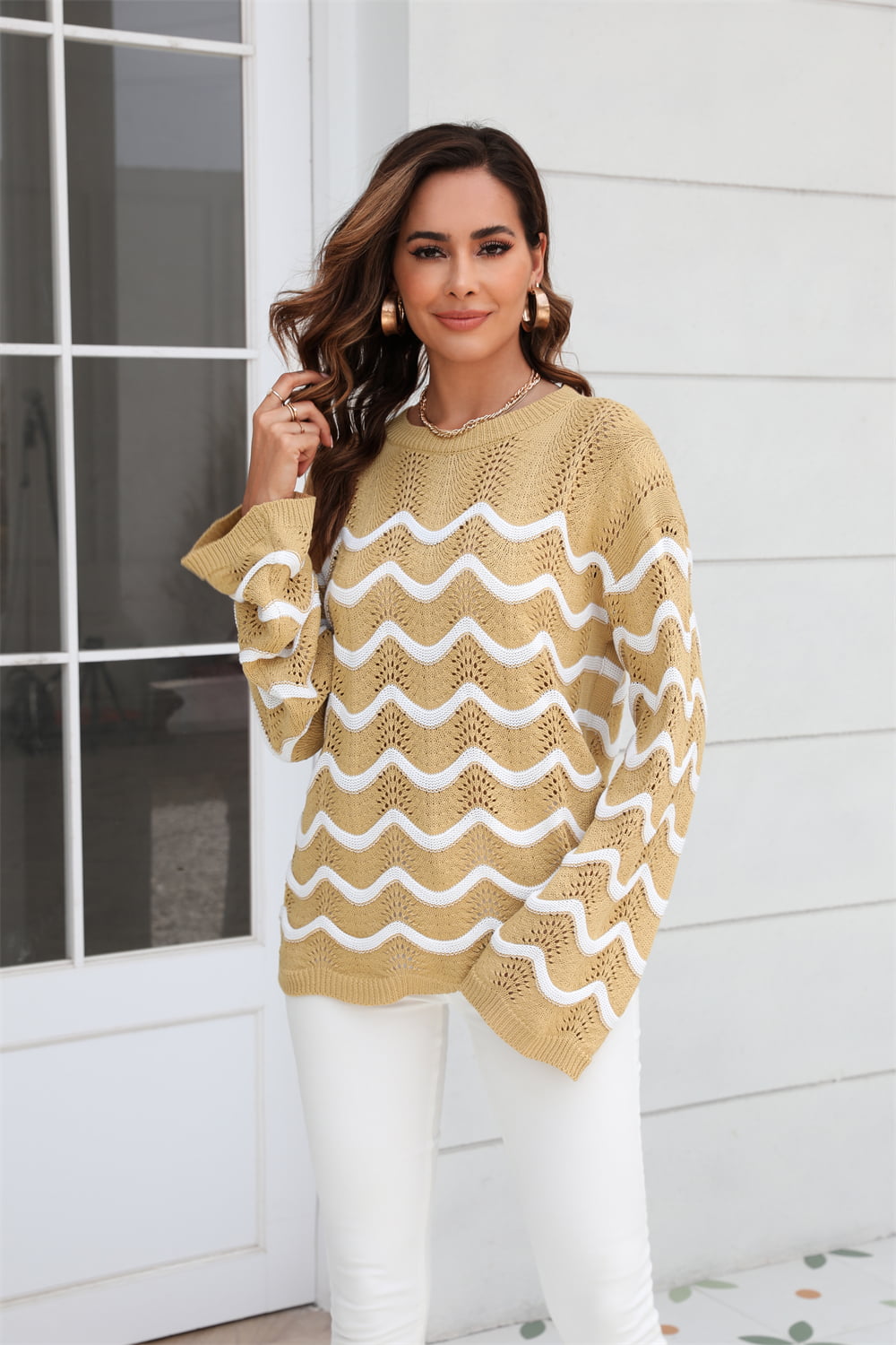 Hannah&Mea Wave Pattern Round Neck Long Sleeve Sweater