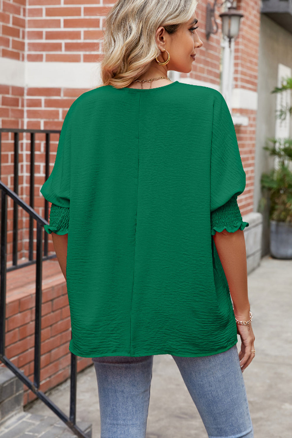 Full Size Round Neck Smocked Lantern Sleeve Blouse