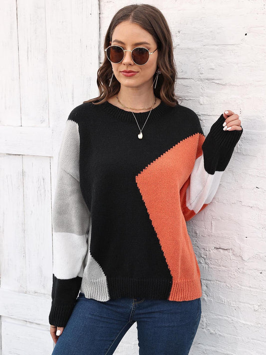 One Size Color Block Round Neck Sweater