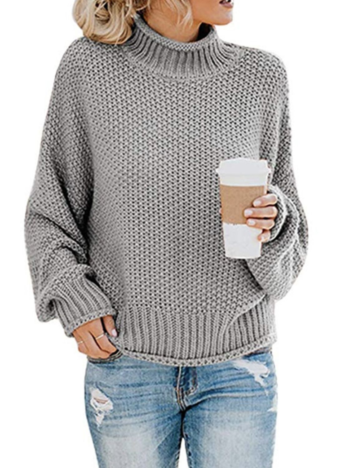 Moderate Stretch Turtleneck Dropped Shoulder Sweater