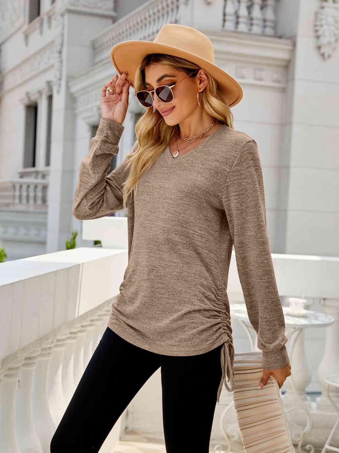 Full Size Drawstring V-Neck Long Sleeve T-Shirt