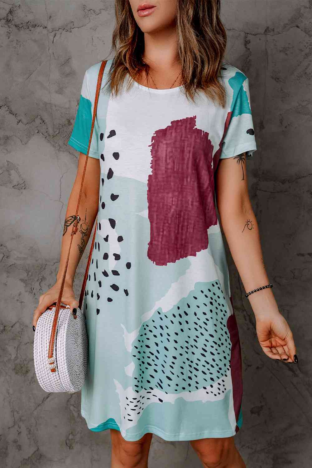 Mixed Print Round Neck T-Shirt Dress