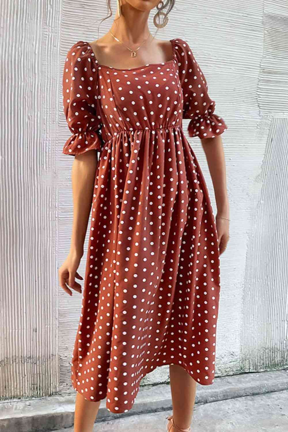 Polka Dot Square Neck Flounce Sleeve Rust Red Dress