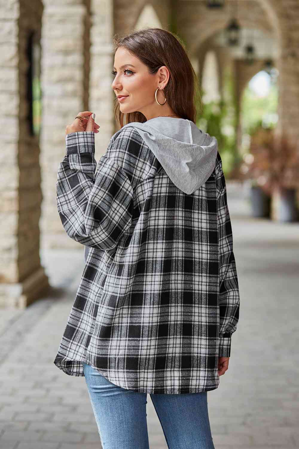 Full Size Plaid Long Sleeve Hooded Jacket