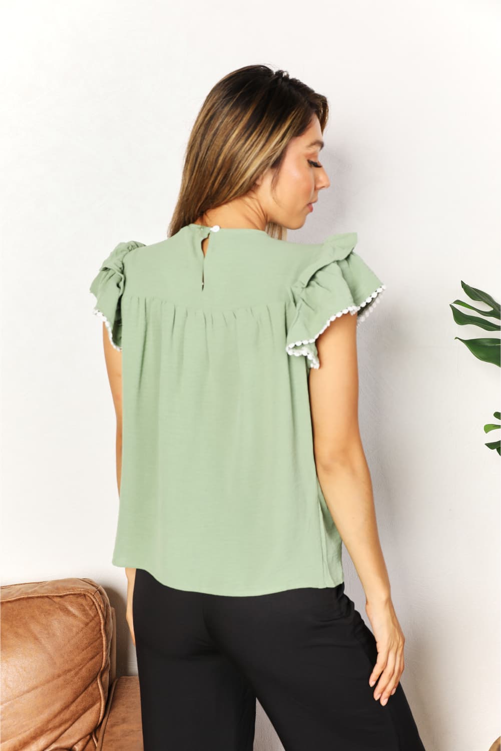 Double Take Gum Leaf Pleated Detail Flutter Sleeve Blouse