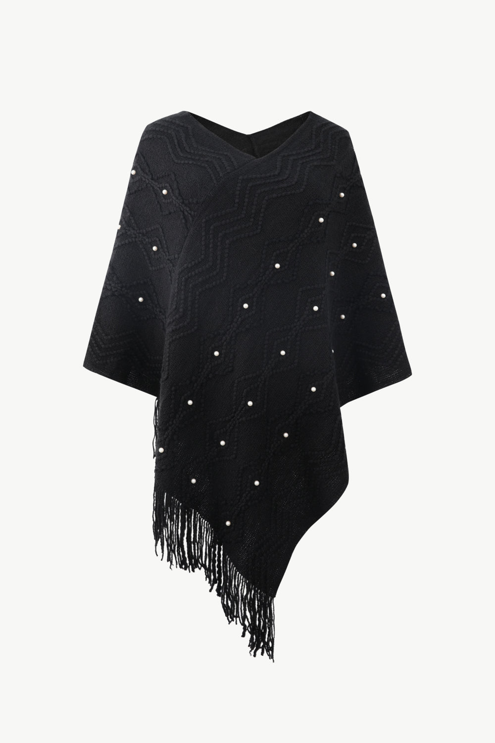 One Size Pearl Trim V-Neck Fringe Hem Poncho