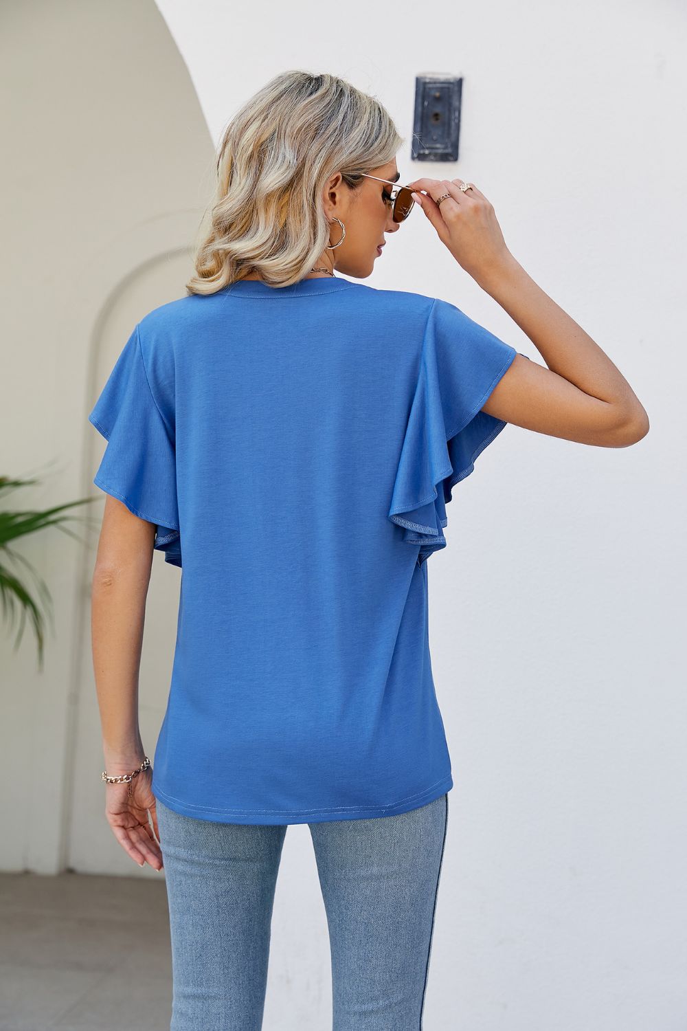 Women's JAYLEEN Full Size Notched Neck Flutter Sleeve Tee