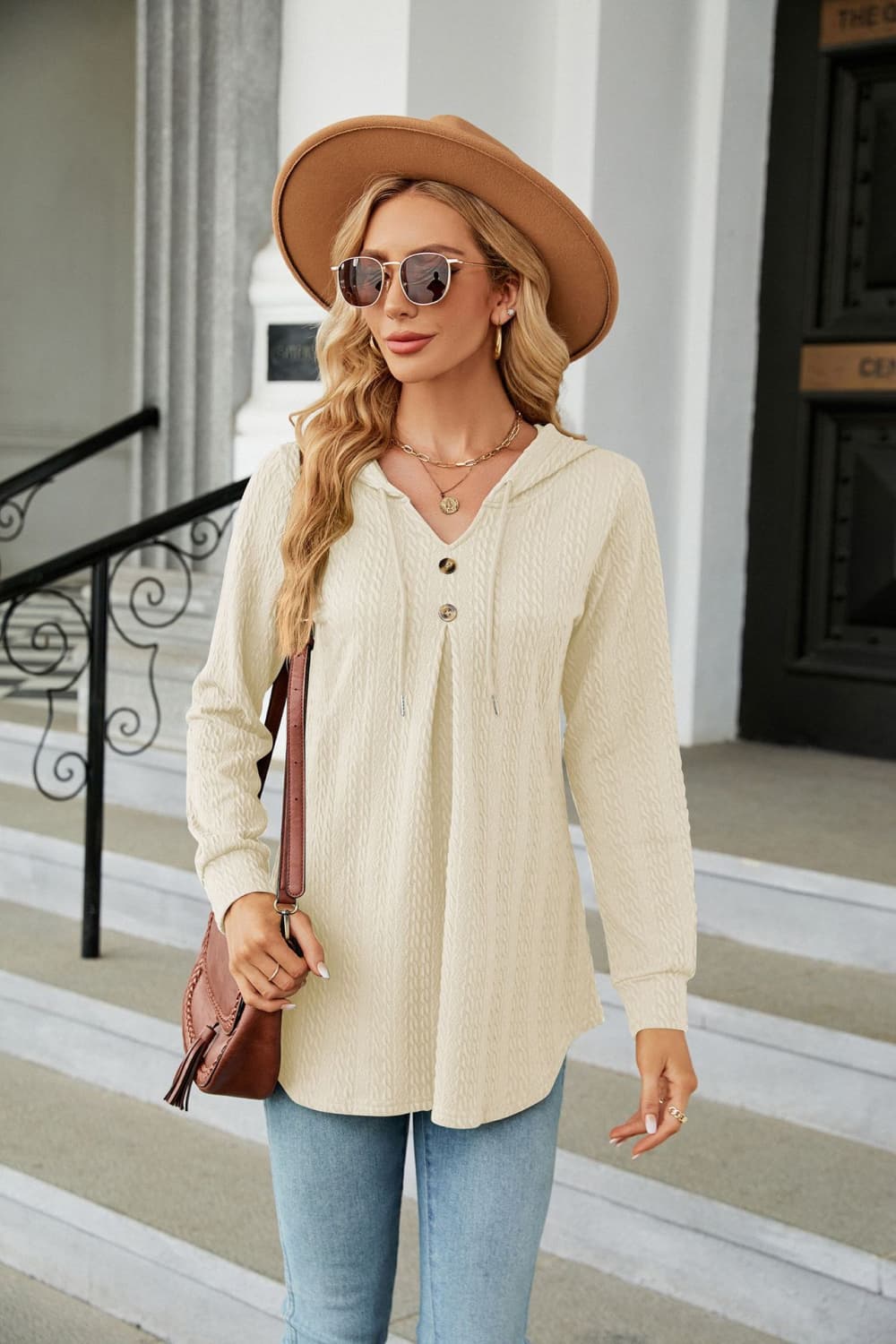 Full Size Long Sleeve Hooded Blouse