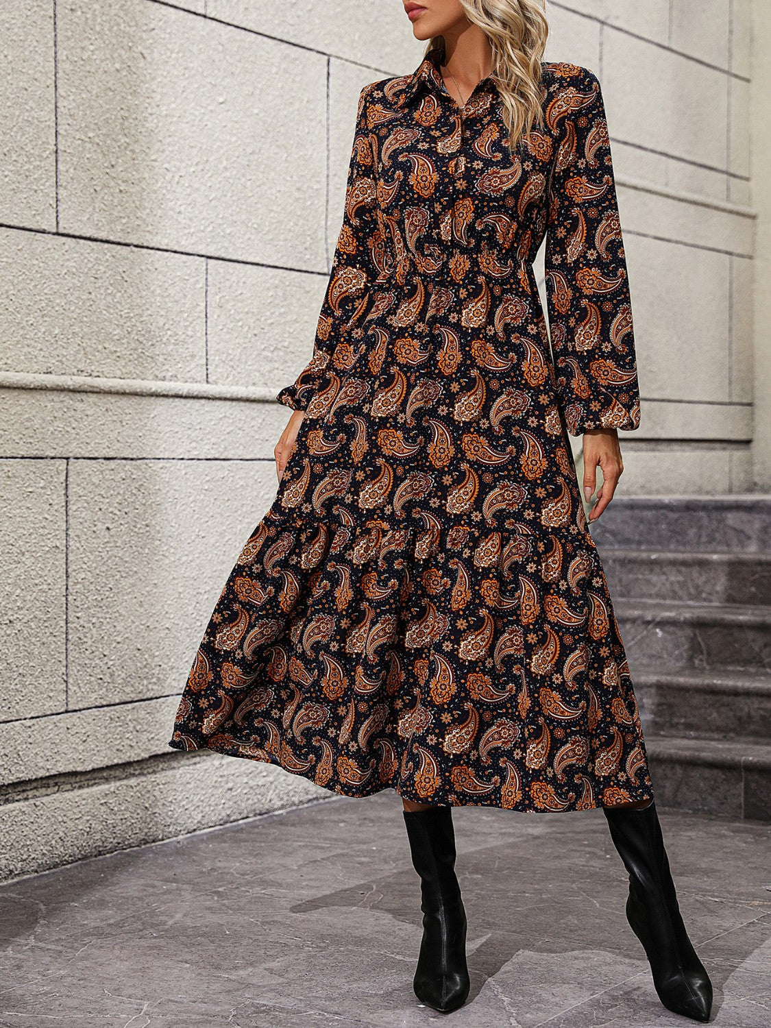 Full Size Multi Colored Long Sleeve Collared Midi Dress