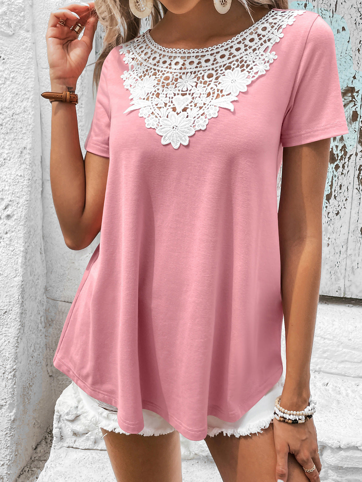 Women's Spliced Lace Contrast Short Sleeve Top