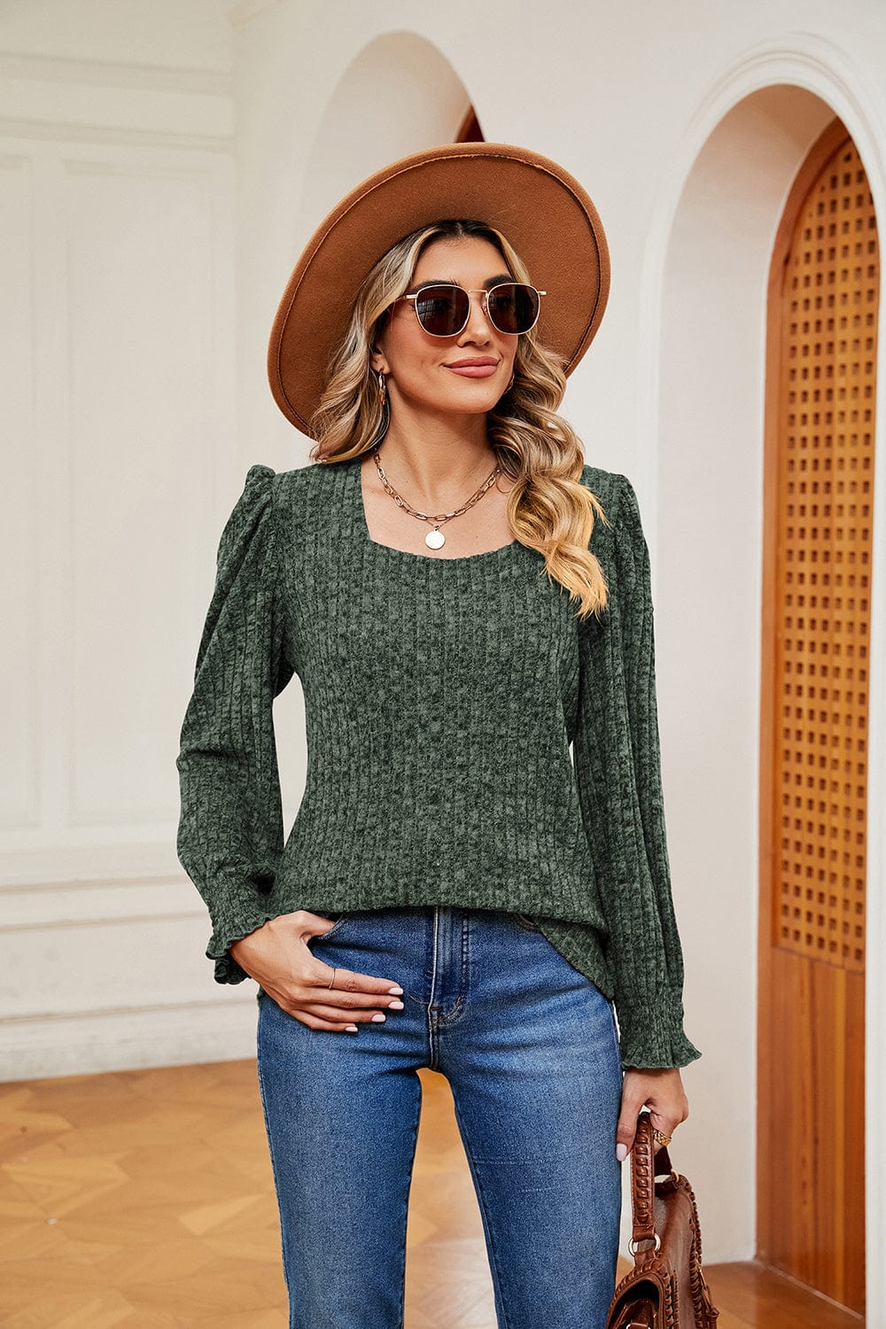 Full Size Square Neck Puff Sleeve Top