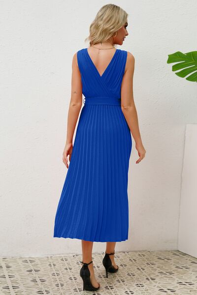 Surplice Sleeveless Midi Pleated Dress