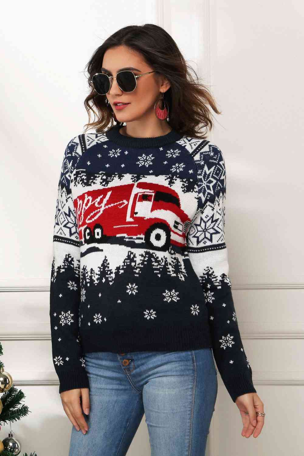 HAPPY Christmas TRUCKER Raglan Sleeve Sweater