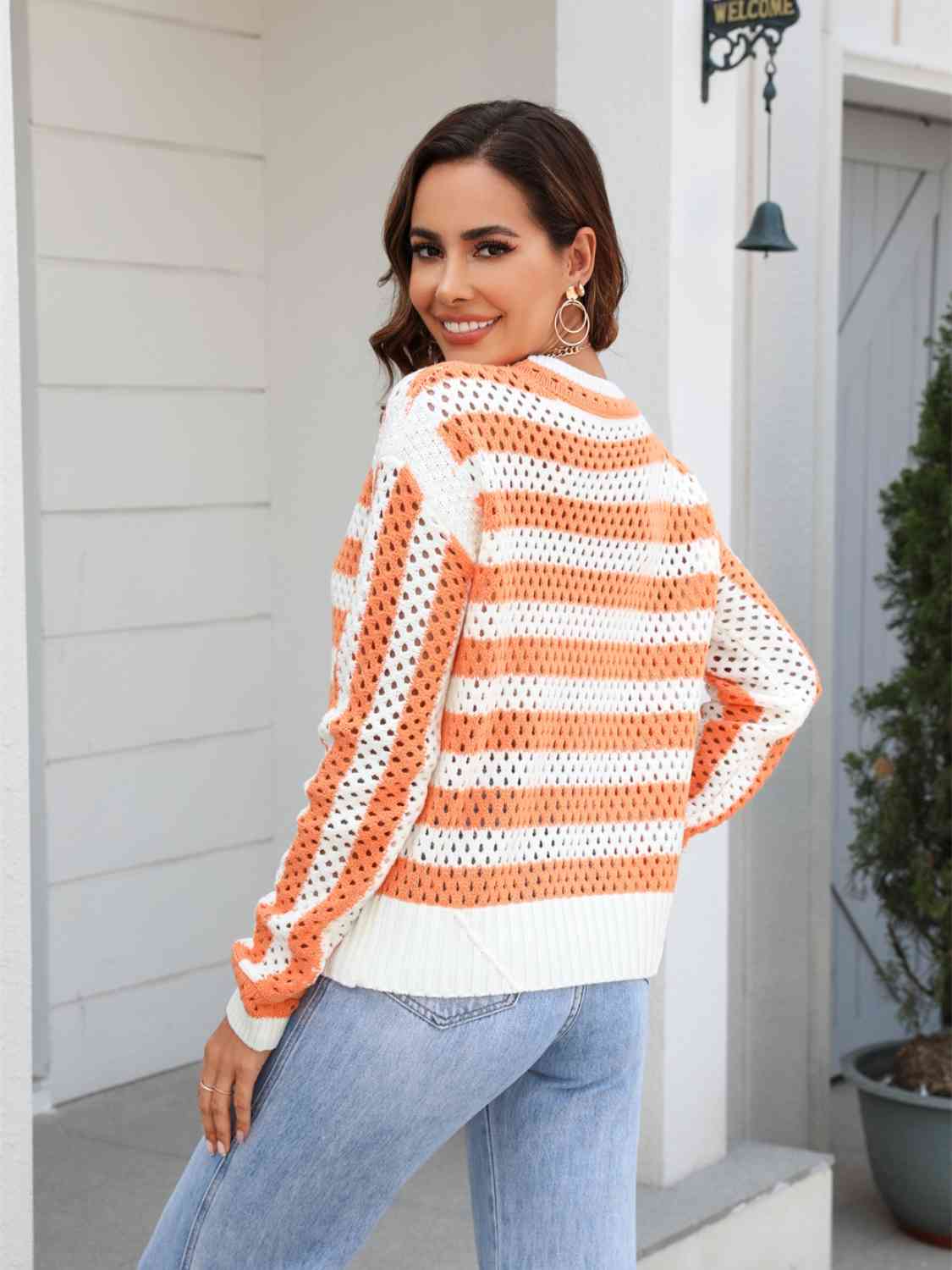 Striped Openwork Round Neck Sweater