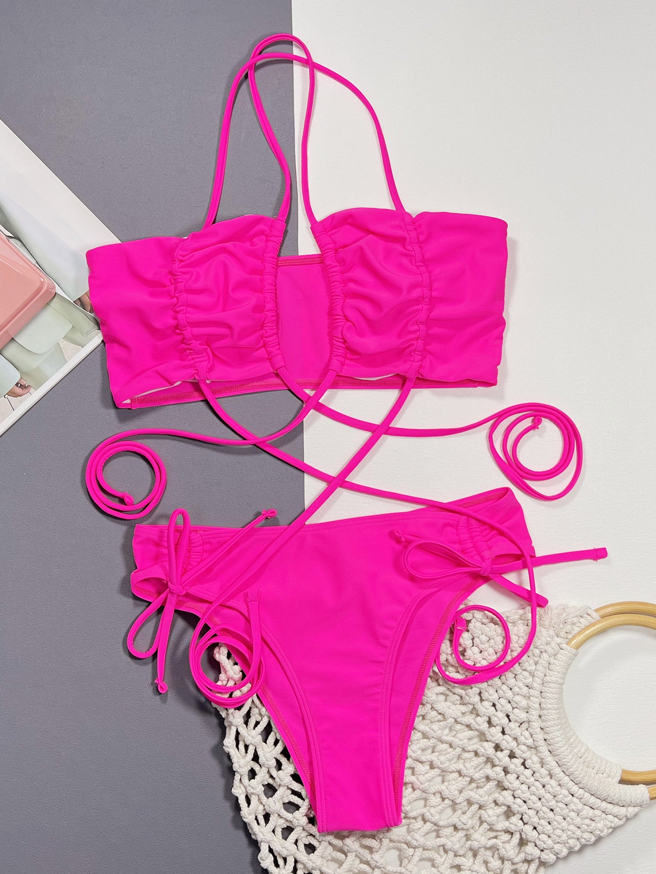 ALLURING Halter Neck Drawstring Detail Bikini Set