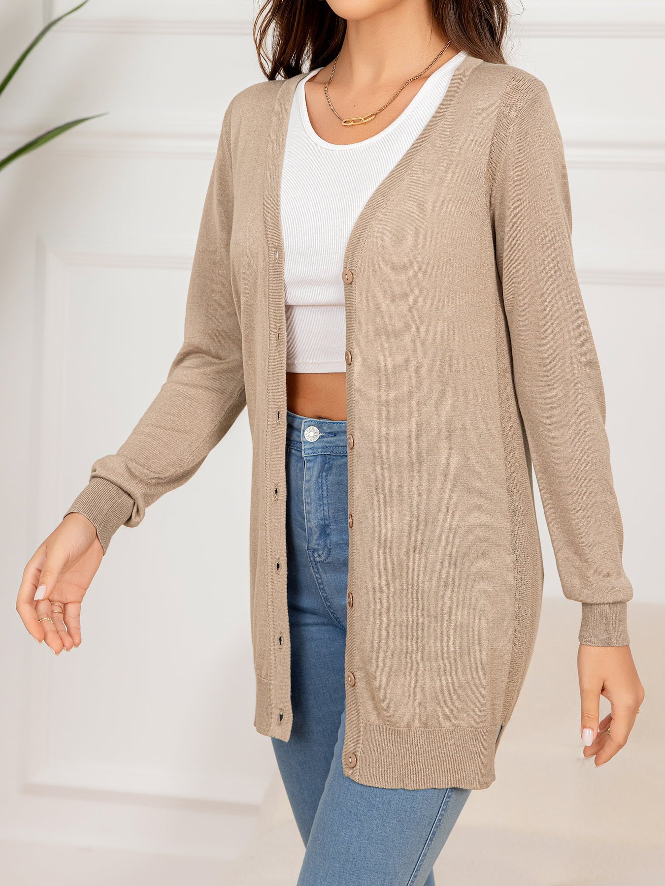 SkyMarie Button Down Slit Longline Cardigan