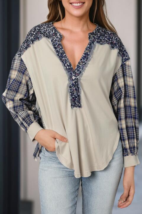 Plaid Notched Neck Slit Blouse