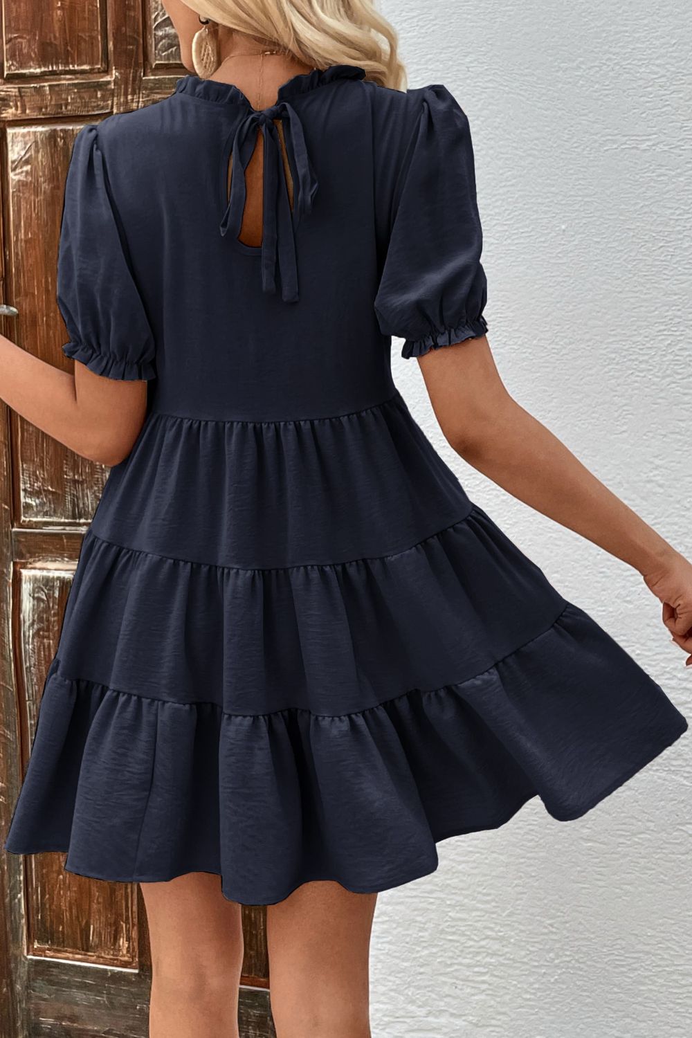 SOCHIC Puff Sleeve Tie Back Tiered Dress