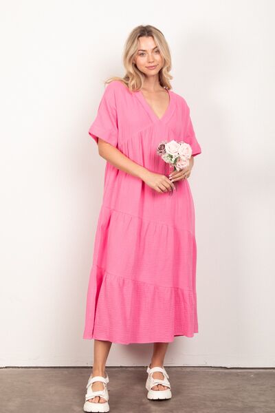 VERY J Soft Crinkle Gauze Short Sleeve Midi Dress